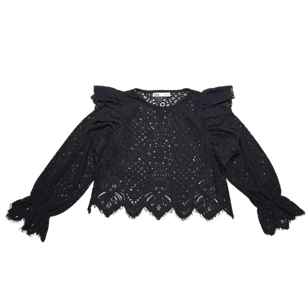 Zara Crop Top Women Medium Black‎ Sheer Open Knit Bell Sleeve Whimsigoth Ruffle